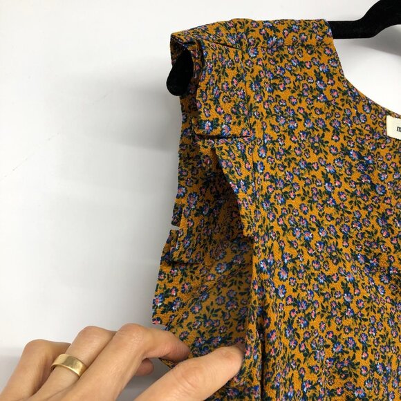 Monteau Mustard blue Floral V-neck Peplum Hem Top size S - Picture 9 of 13